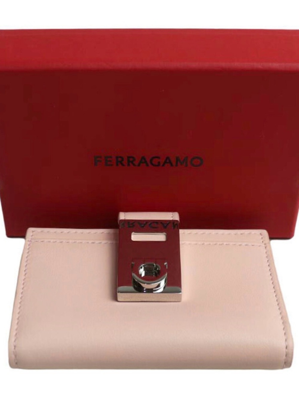 Salvatore Ferragamo Soft Pink Leather Hug Wallet with silver hardware